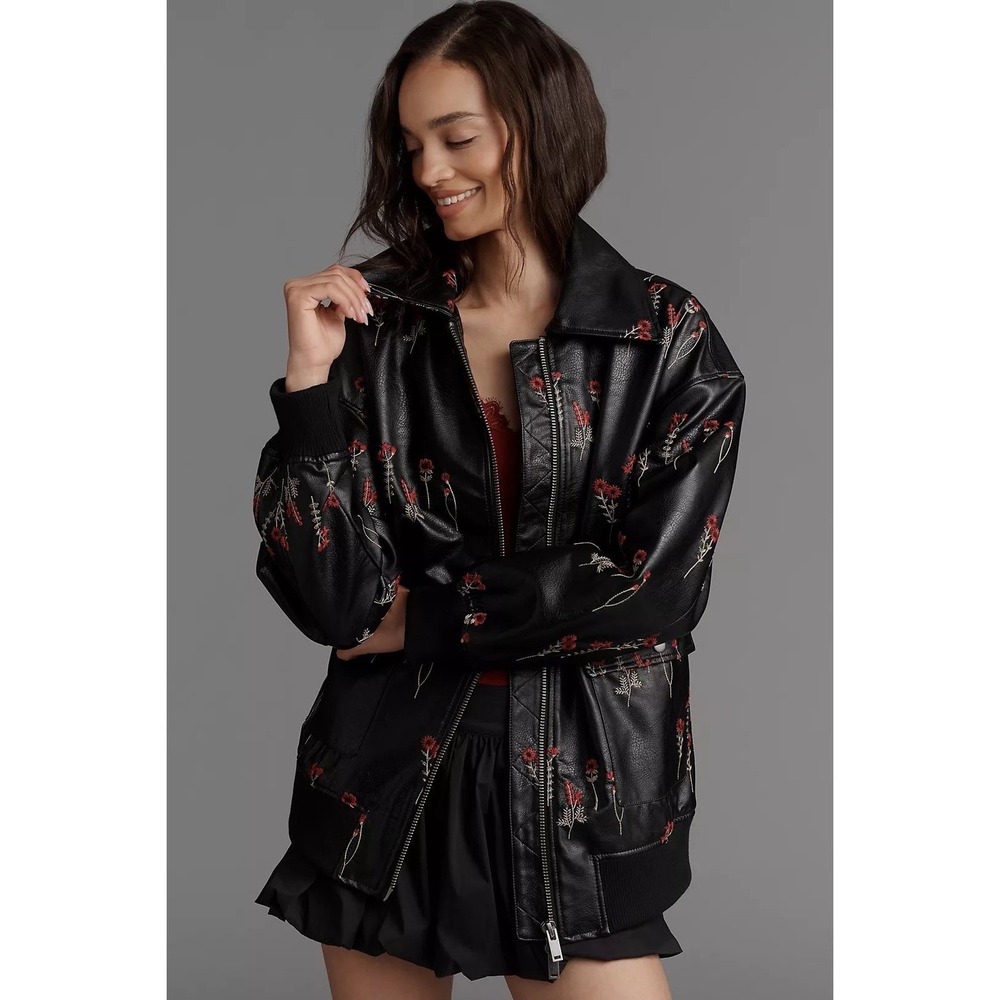 NWT Maeve Anthropologie Bomber Vegan Leather Jacket M Floral Embroidered Black